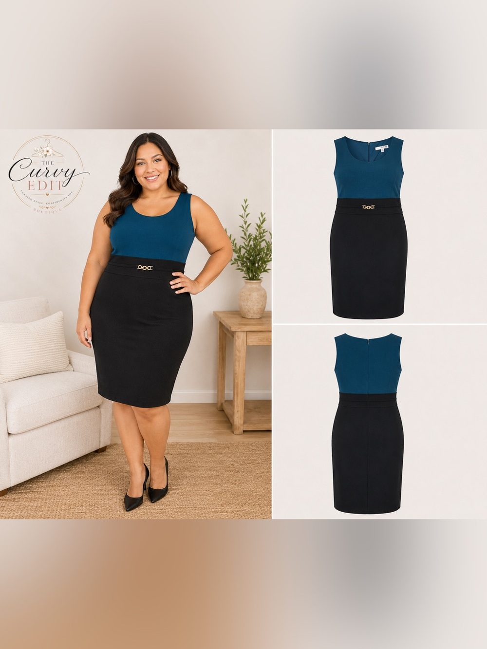 Studio One New York Colorblock Sheath Dress | Size 16W | Teal & Black Classic